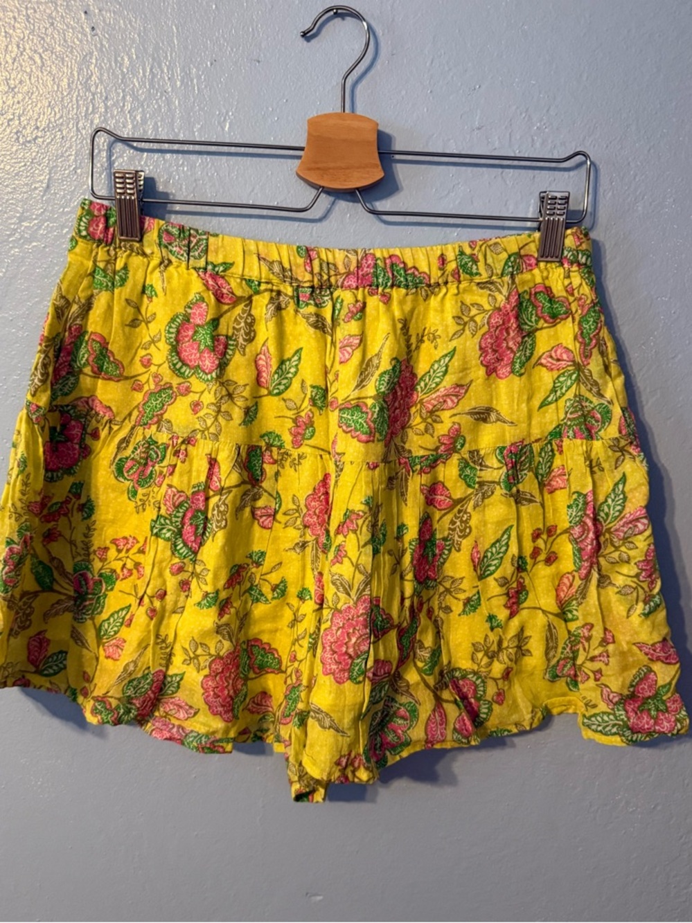 Anthropology’s Sundry Yellow Floral Print Skort with Pink and Green Accents